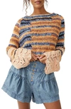 Free People Butterfly Mixed Stripe Cotton Blend Sweater In Blue Honey Combo