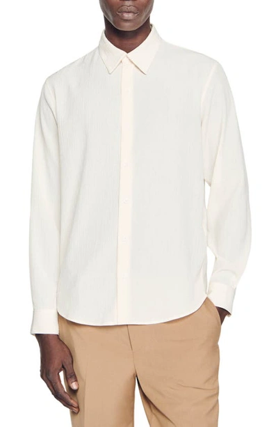 Sandro Plissé Long Sleeve Button-up Shirt In Ecru