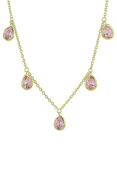 Judith Ripka Clad Pear Shape Cz Station Necklace In Gold/pink