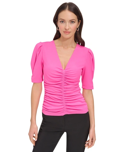 Dkny Women's V-neck Ruched Knit Elbow-sleeve Top In Shocking Pink