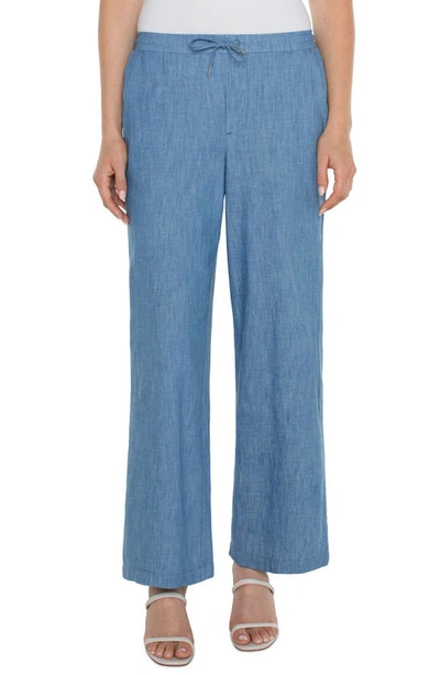 Liverpool Los Angeles Cotton Wide Leg Drawstring Trousers In Chambray