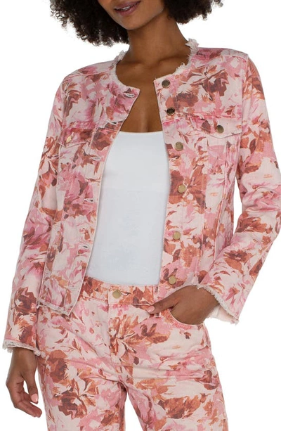 Liverpool Los Angeles Frayed Floral Print Collarless Denim Jacket In Pink Floral
