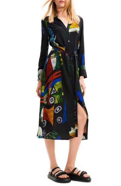 Desigual Dream Long Sleeve Midi Shirtdress In Black Multi