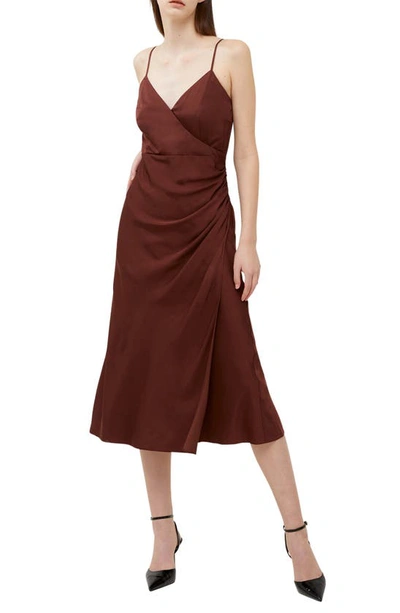 French Connection Ennis Ruched Satin Faux Wrap Midi Dress In Chocolate Fondant