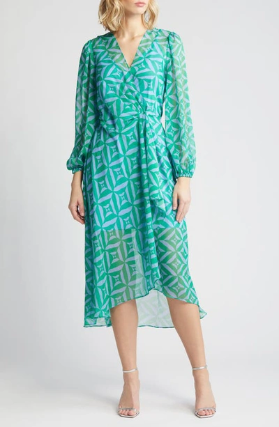 Sam Edelman Geometric Long Sleeve Chiffon Wrap Dress In Green/ Blue