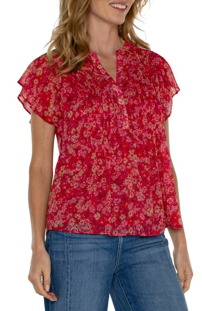 Liverpool Los Angeles Floral Print Layered Ruffle Sleeve Top In Berry Blossom