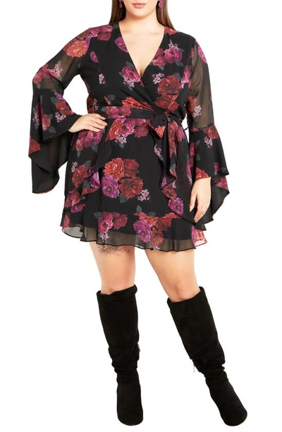 City Chic Gemma Floral Long Sleeve Wrap Dress In Black