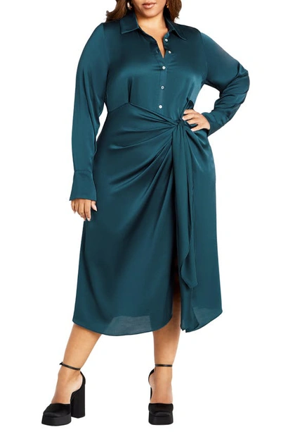 City Chic Alena Long Sleeve Satin Midi Shirtdress In Teal