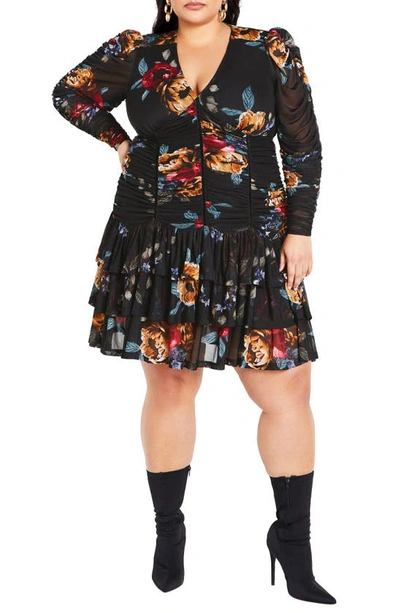 City Chic Floral Long Sleeve Minidress In Dark Late Bloom