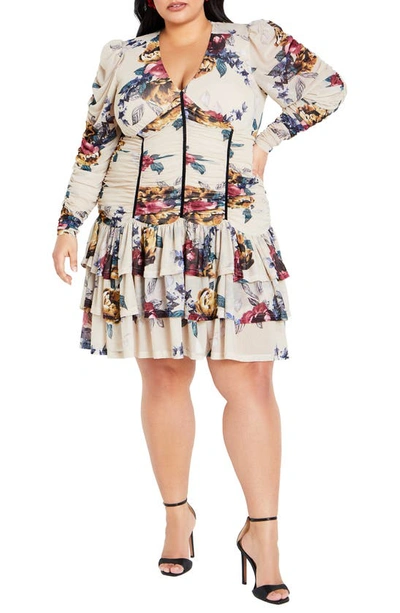 City Chic Floral Long Sleeve Minidress In Light Late Bloom