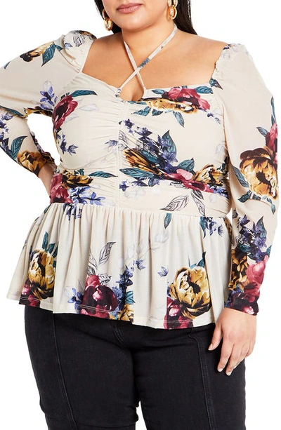 City Chic Floral Mesh Peplum Top In Grey