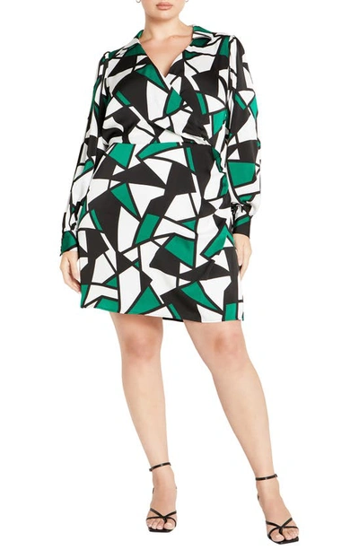 City Chic Frances Print Wrap Front Long Sleeve Dress In Green Geo Print