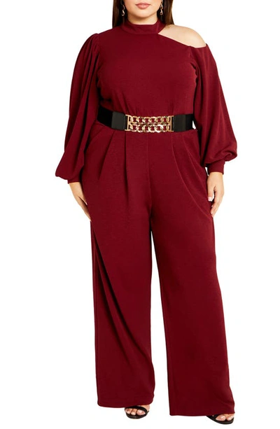 City Chic Charlie Shoulder Cutout Long Sleeve Jumpsuit In Ruby