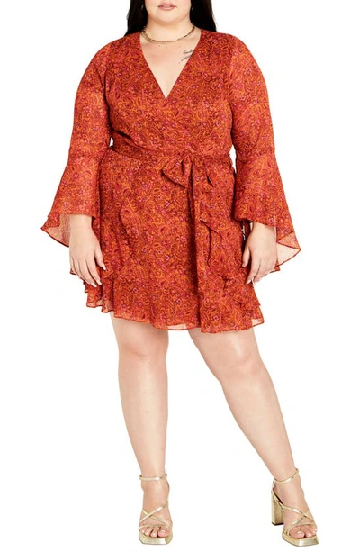 City Chic Lexi Long Sleeve Faux Wrap Dress In Retro Paisley