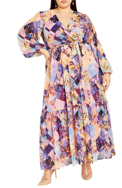 City Chic Charlie Mixed Print Long Sleeve Maxi Dress In Quilted Blooms
