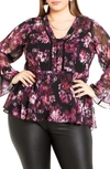 City Chic Chaya Floral Long Sleeve Top In Purple