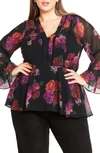 City Chic Chaya Floral Long Sleeve Top In Black