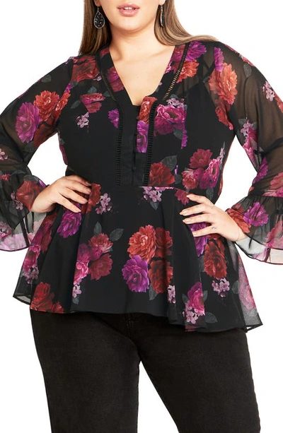 City Chic Chaya Floral Long Sleeve Top In Black