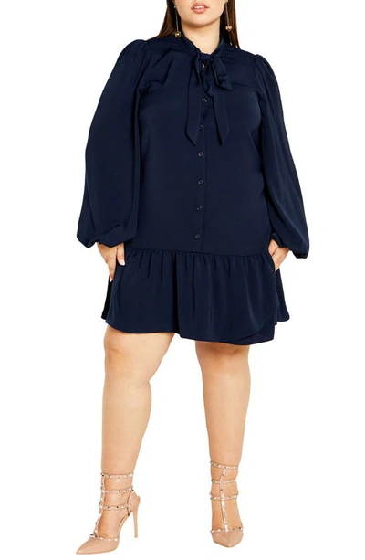 City Chic Charlie Long Sleeve Shirtdress In True Navy