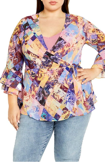 City Chic Charlie Floral Print Wrap Top In Navy