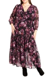 City Chic Monique Print Long Sleeve Faux Wrap Maxi Dress In Purple