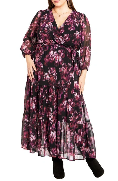 City Chic Monique Print Long Sleeve Faux Wrap Maxi Dress In Purple