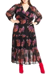 City Chic Monique Print Long Sleeve Faux Wrap Maxi Dress In Black