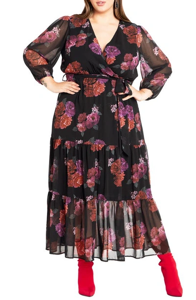 City Chic Monique Print Long Sleeve Faux Wrap Maxi Dress In Black