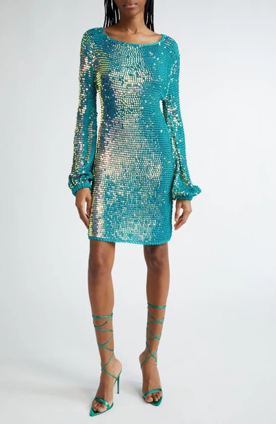 Retroféte Tara Sequin Long Sleeve Crochet Minidress In Aquamarine