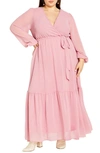City Chic Charlie Long Sleeve Faux Wrap Maxi Dress In Musk