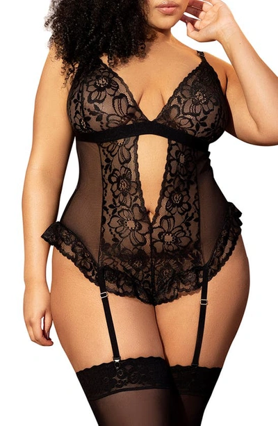Mapalé Lace Heart Teddy With Garter Straps In Black