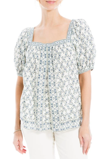 Max Studio Puff Sleeve Top In Cream/ Blue Wreath