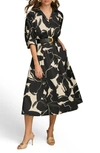 Donna Karan Floral Stretch Cotton Midi Shirtdress In Black/ Parchment