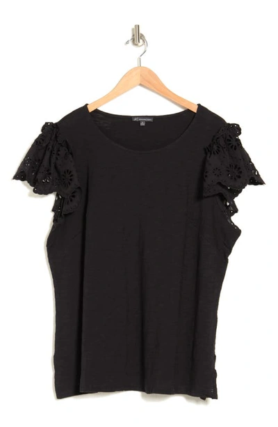 Adrianna Papell Eyelet Flutter Sleeve Top In Black