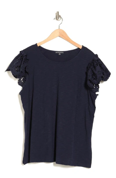 Adrianna Papell Eyelet Flutter Sleeve Top In Blue