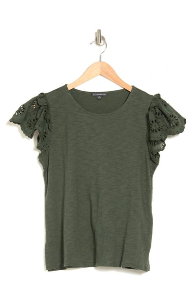 Adrianna Papell Eyelet Flutter Sleeve Crepe Top In Dusty Olive