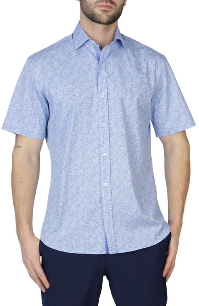 Tailorbyrd Swirl Print Cotton Poplin Short Sleeve Button-up Shirt In Blue