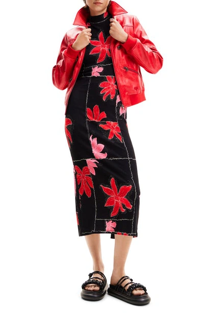 Desigual Floral Mock Neck Rib Midi Dress In Red