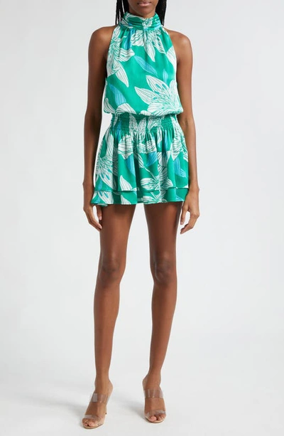 Ramy Brook Dani Floral Tiered Satin Dress In Sea Green Lily Print
