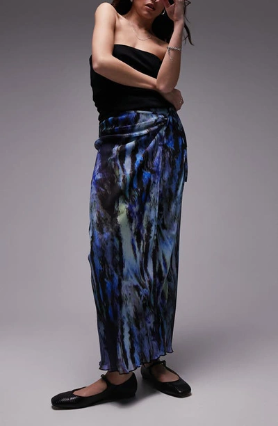 Topshop Plisse Maxi Skirt In Blue Butterfly Print