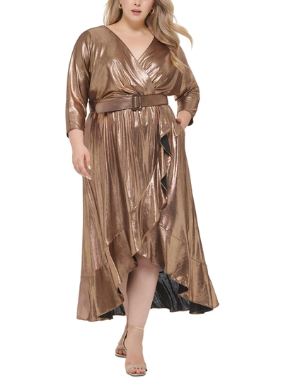 Eliza J Plus Womens Metallic Belted Evening Dress In Gold