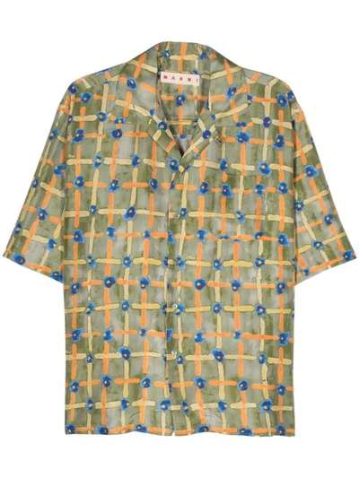 Marni Habotai Silk Shirt With Saraband Print In Verde
