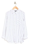Adrianna Papell Boyfriend Linen Blend Button-up Shirt In White/ Grey Triple Stripe