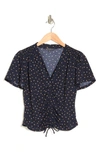 Adrianna Papell Ruched Tie Front Top In Navy/ Khaki Basic Dot