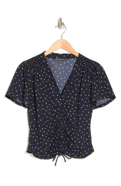 Adrianna Papell Ruched Tie Front Top In Navy/ Khaki Basic Dot