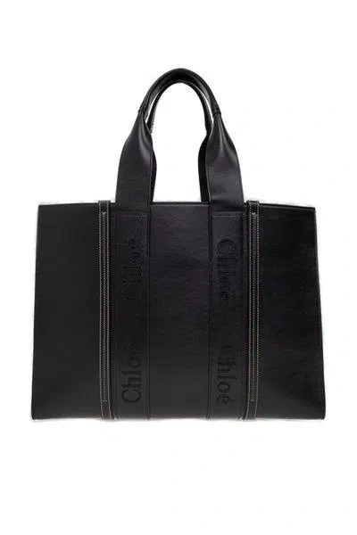 Chloé Luxurious Black Leather Trimmed Canvas Shopper Handbag