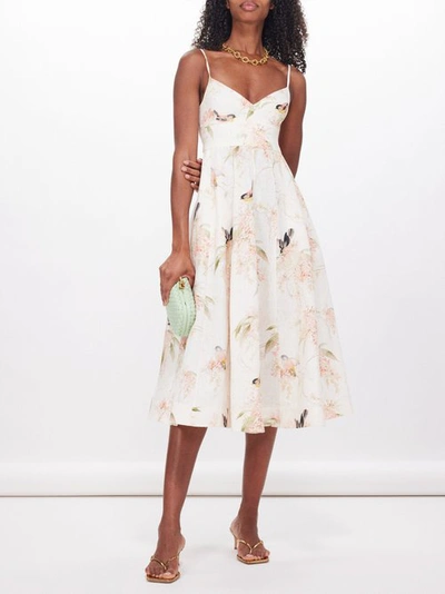 Zimmermann Printed Picnic Linen Midi Dress In Coral Birds