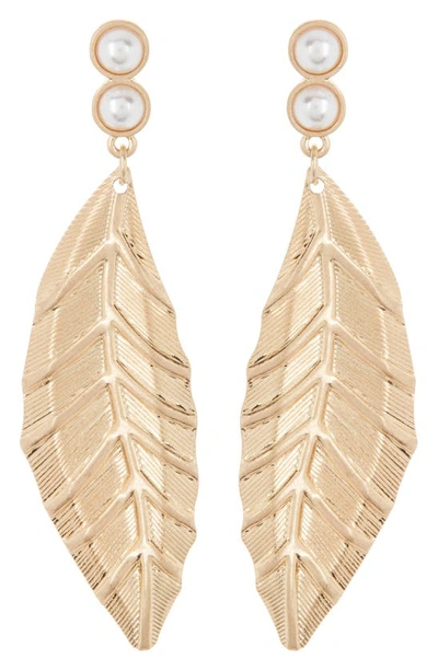 Melrose And Market Imitation Pearl Leaf Drop Earrings In White- Gold