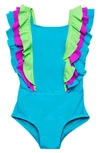 Beach Lingo Kids' Sunsets Ruffle One-piece Swimsuit In Moonstone