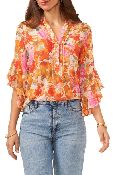 Vince Camuto Floral Ruffle Sleeve Chiffon Top In Tulip Red